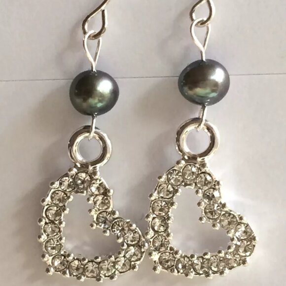 Black Tahitian Pearl Heart Earrings Silver Plated Crystal Dangle Bridal Love - Picture 3 of 11